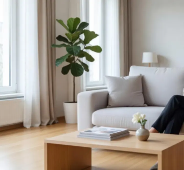 Mosolygó ügyfél frissen kitakarított nappaliban