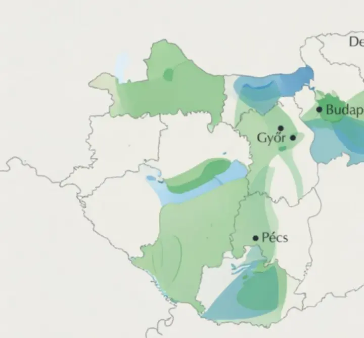 Magyarország térképe kiemelt szolgáltatási területekkel: Budapest, Debrecen, Szeged, Győr, Pécs és környező régiók